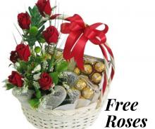 Basket Of FREE Roses With 2 Boxes Of Ferrero Rocher Chocolates